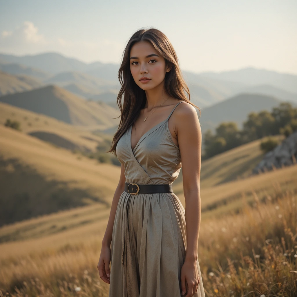 Serene woman standing calmly before distant rolling hills