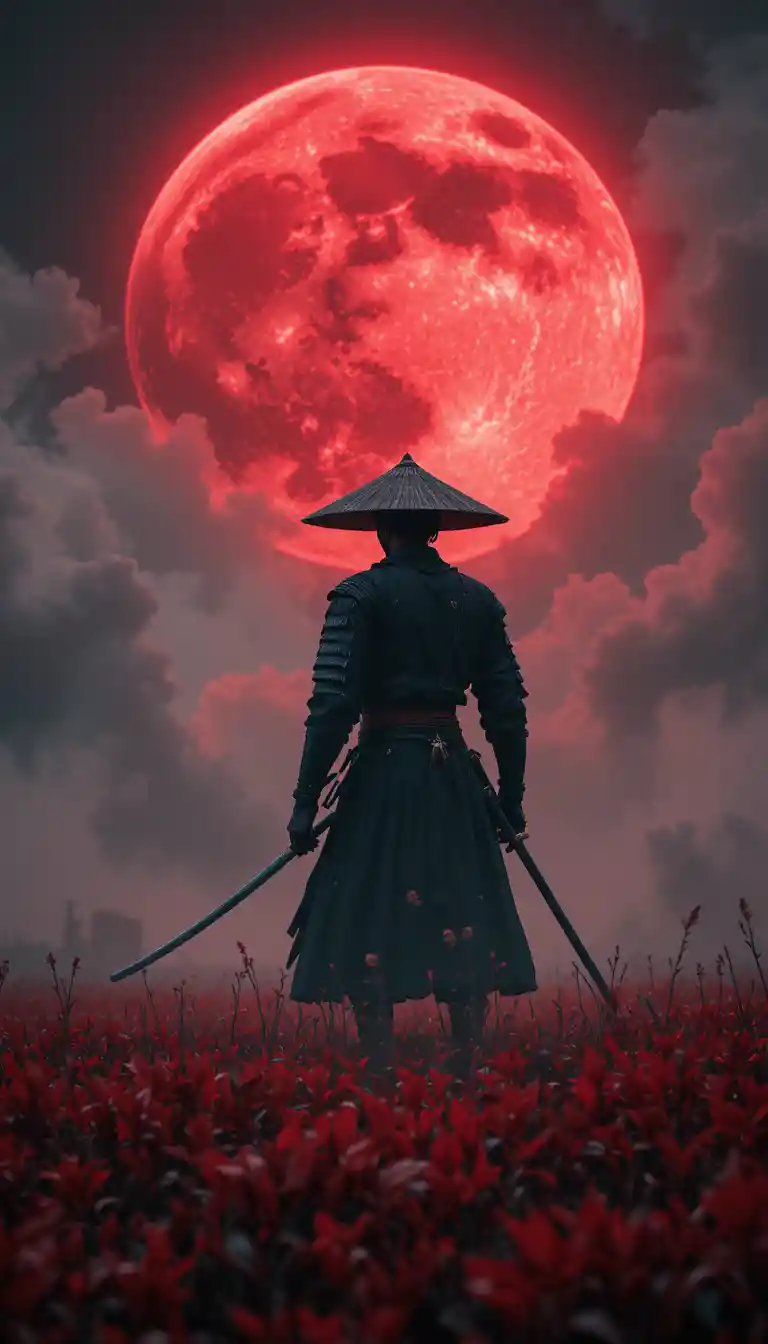 Lone skeletal samurai under a massive blood red moon