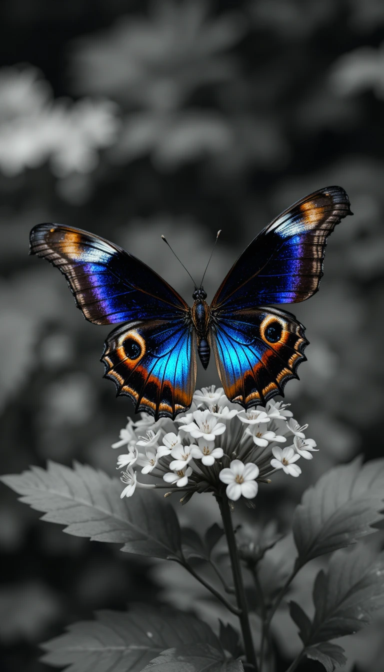 Mariposa colorida posada sobre flor blanca en un suave jardín verde