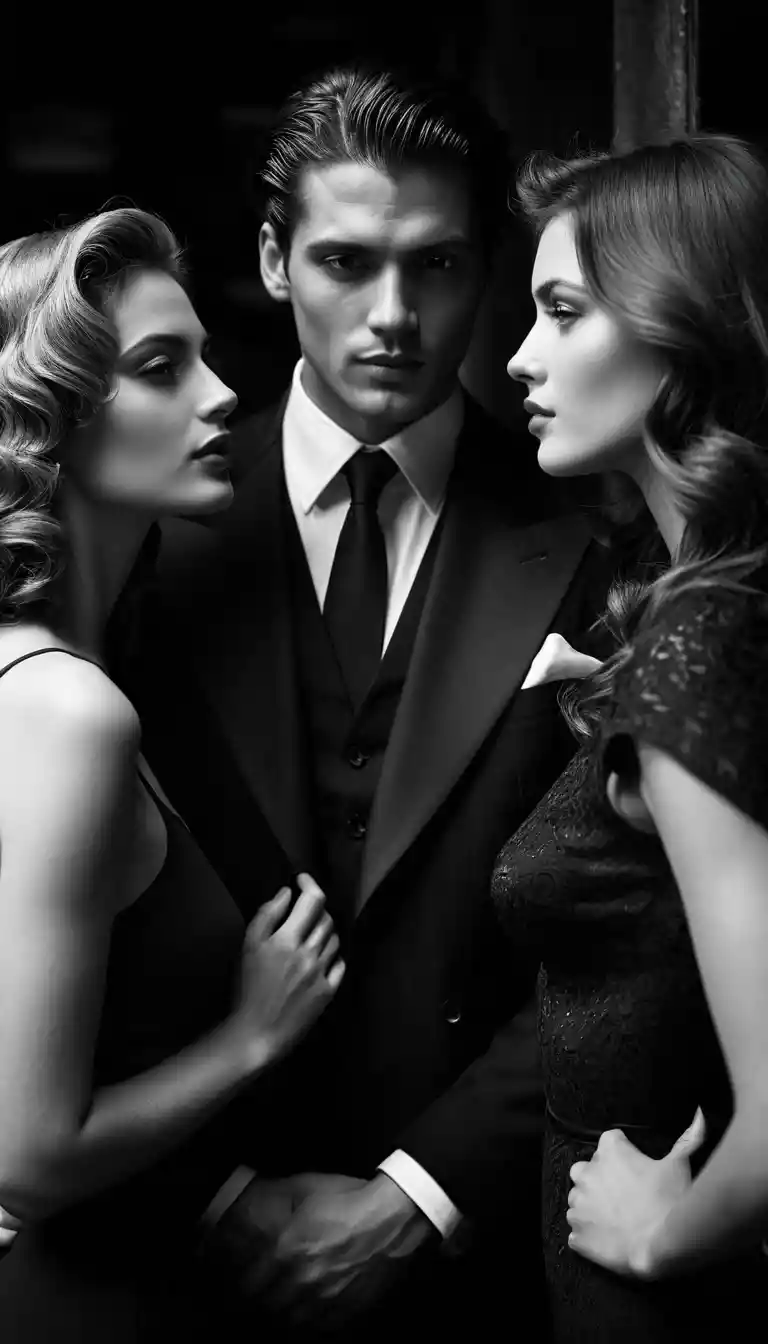 Cinematic portrait of man kissing two women in luxury interior