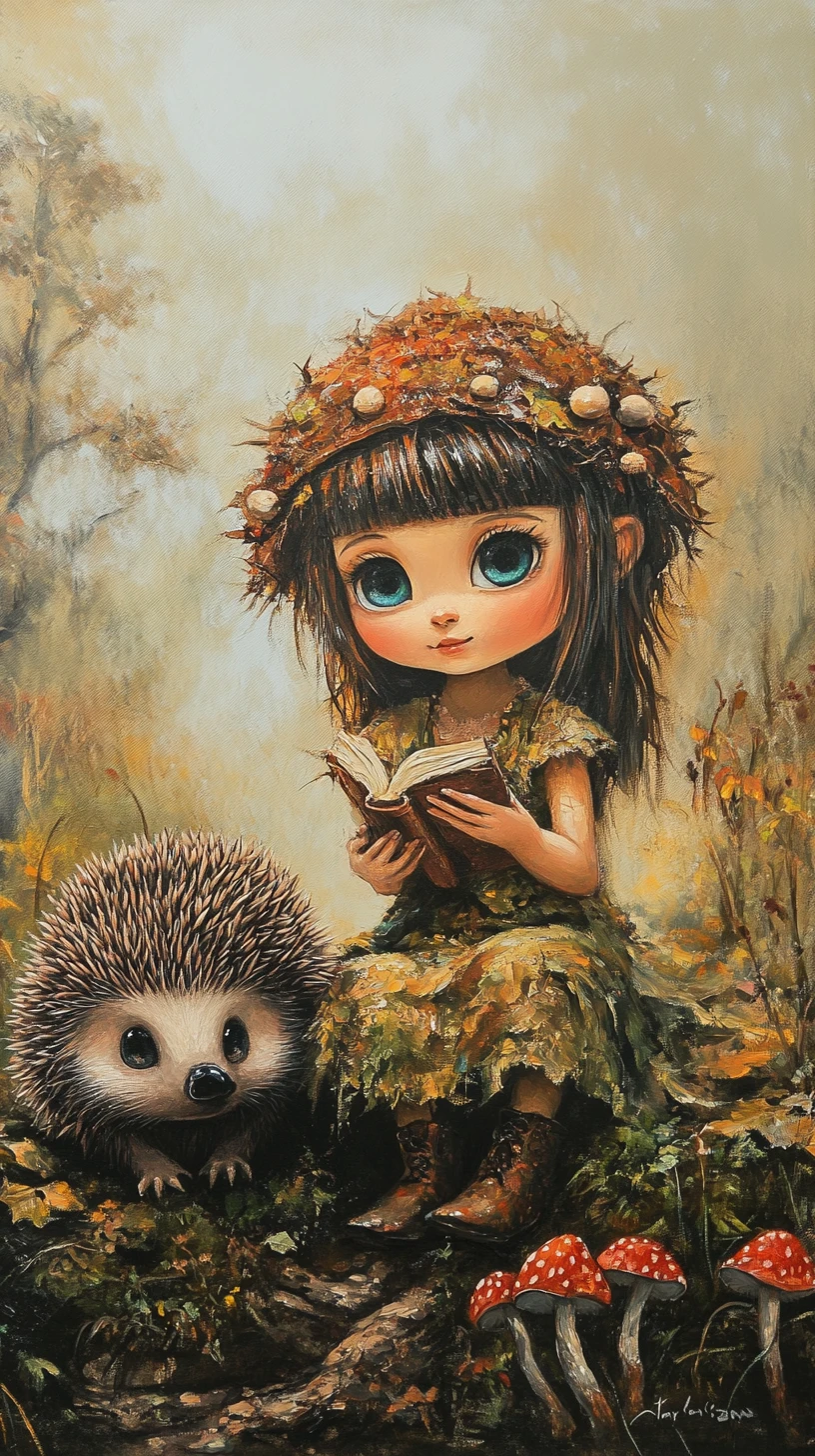 Forest princess kneels to hear a wise hedgehog