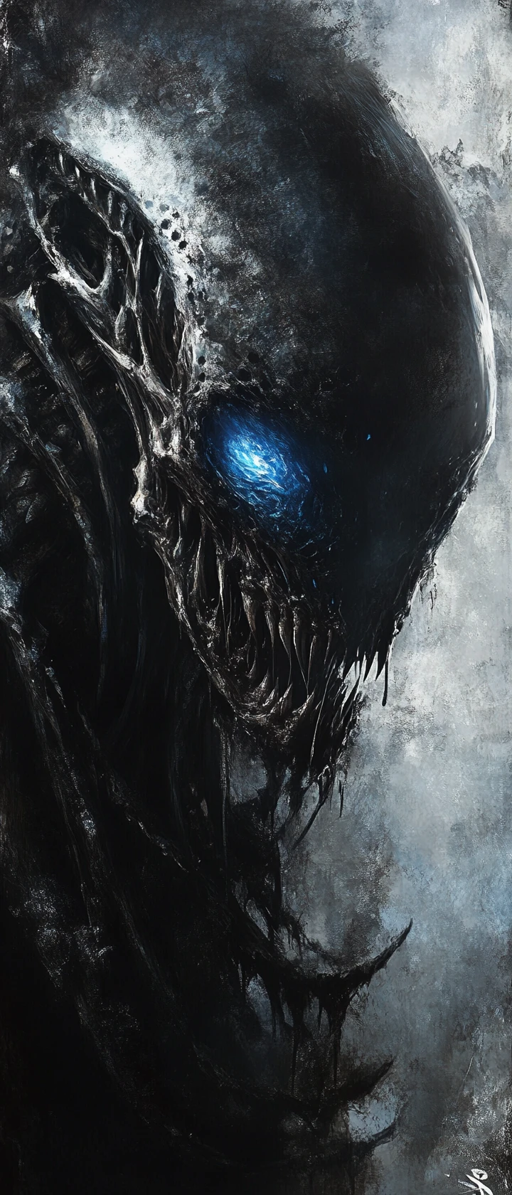 Gros Plan Terrifiant d’un Alien Squelettique au Œil Bleu Lumineux