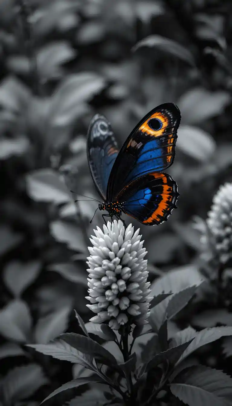 Peacock butterfly on white hebe flower in green garden
