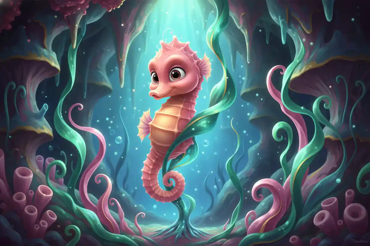 Baby seahorse curling around surreal seaweed in grotto