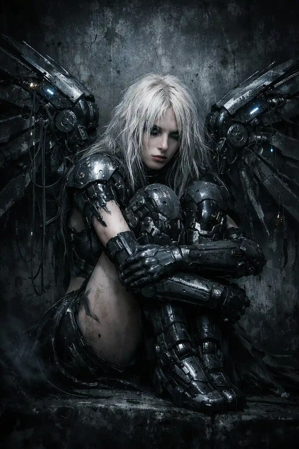 Cinematic portrait of a fallen cyber angel in armor