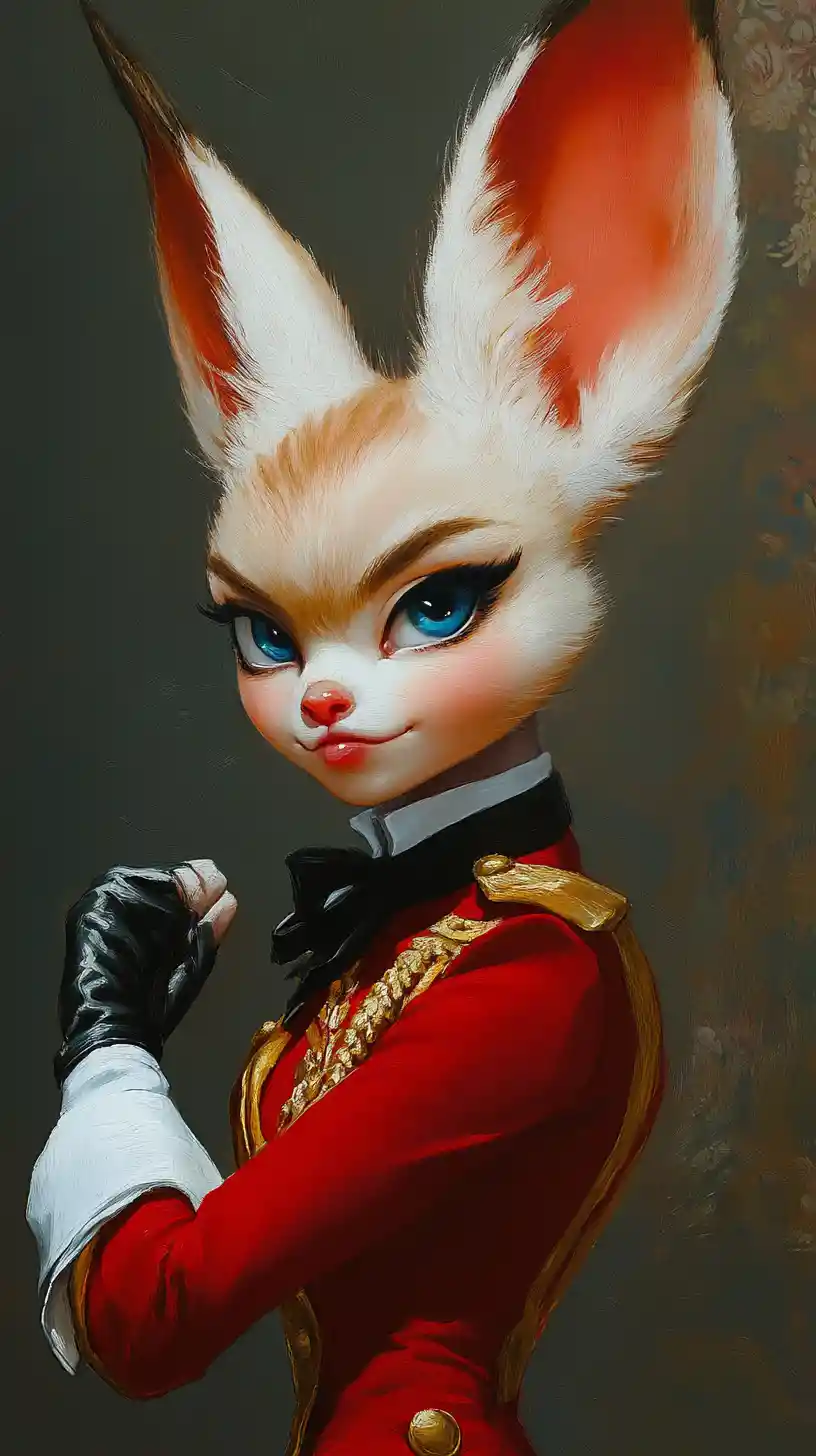 Raposa‑fennec de desenho animado desafiadora com casaco militar vermelho