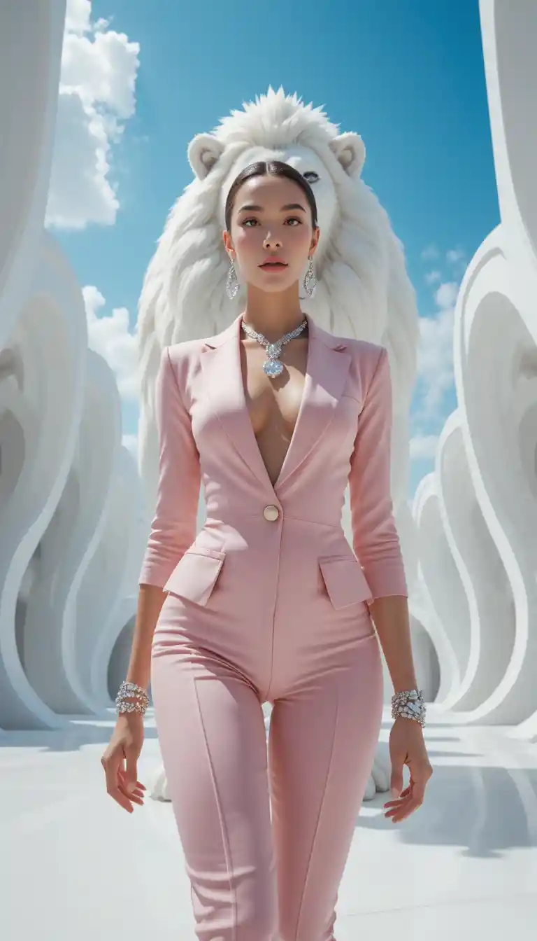 Confident woman in pink suit with giant white lion