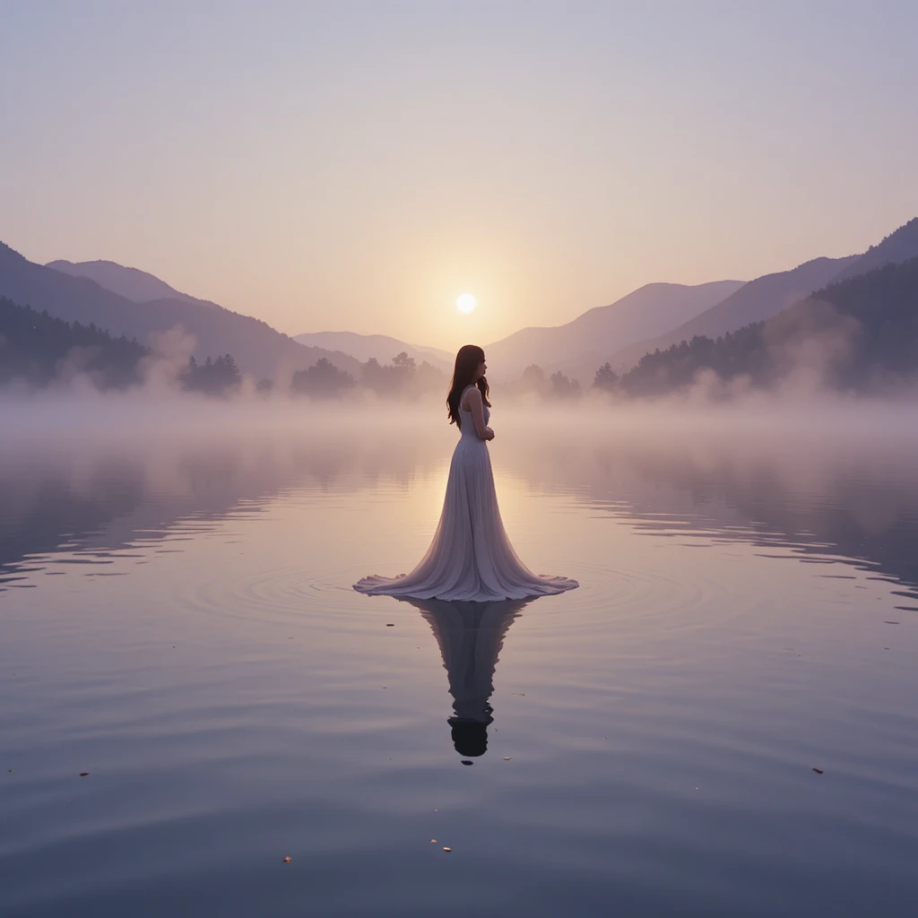 Frau im weißen Kleid an einem ruhigen See im Morgengrauen