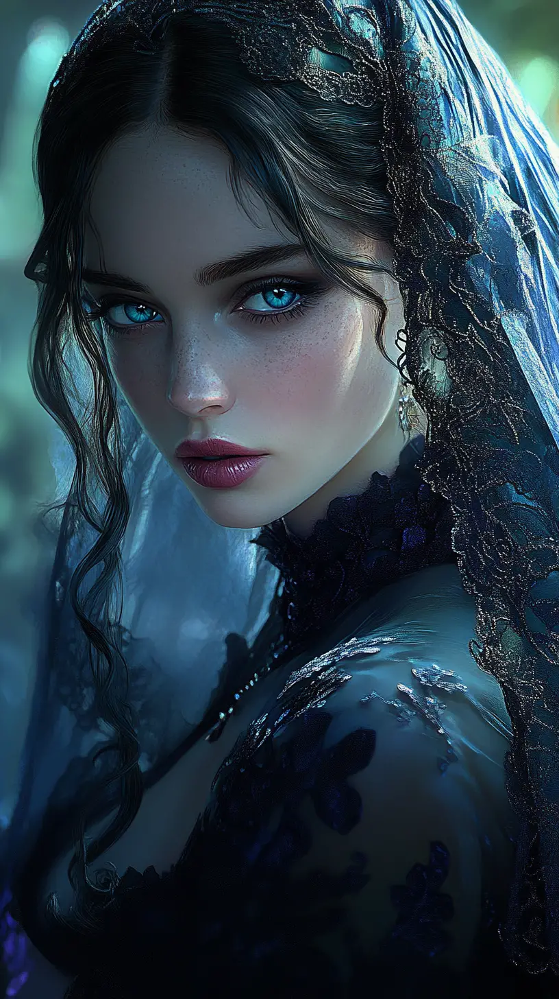 Melancholic blue eyed woman in dark fantasy portrait