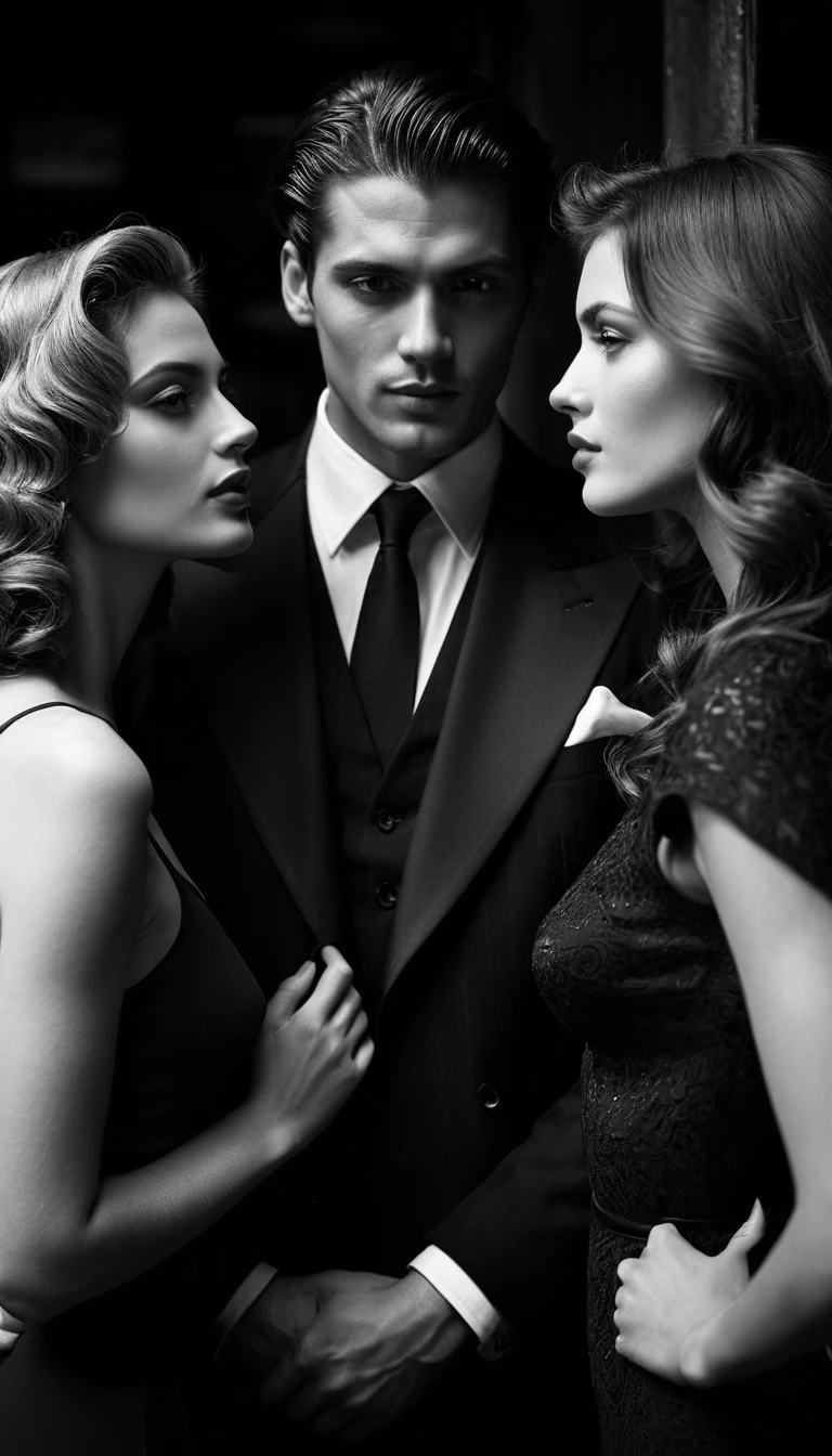 Cinematic portrait of man kissing two women in luxury interior