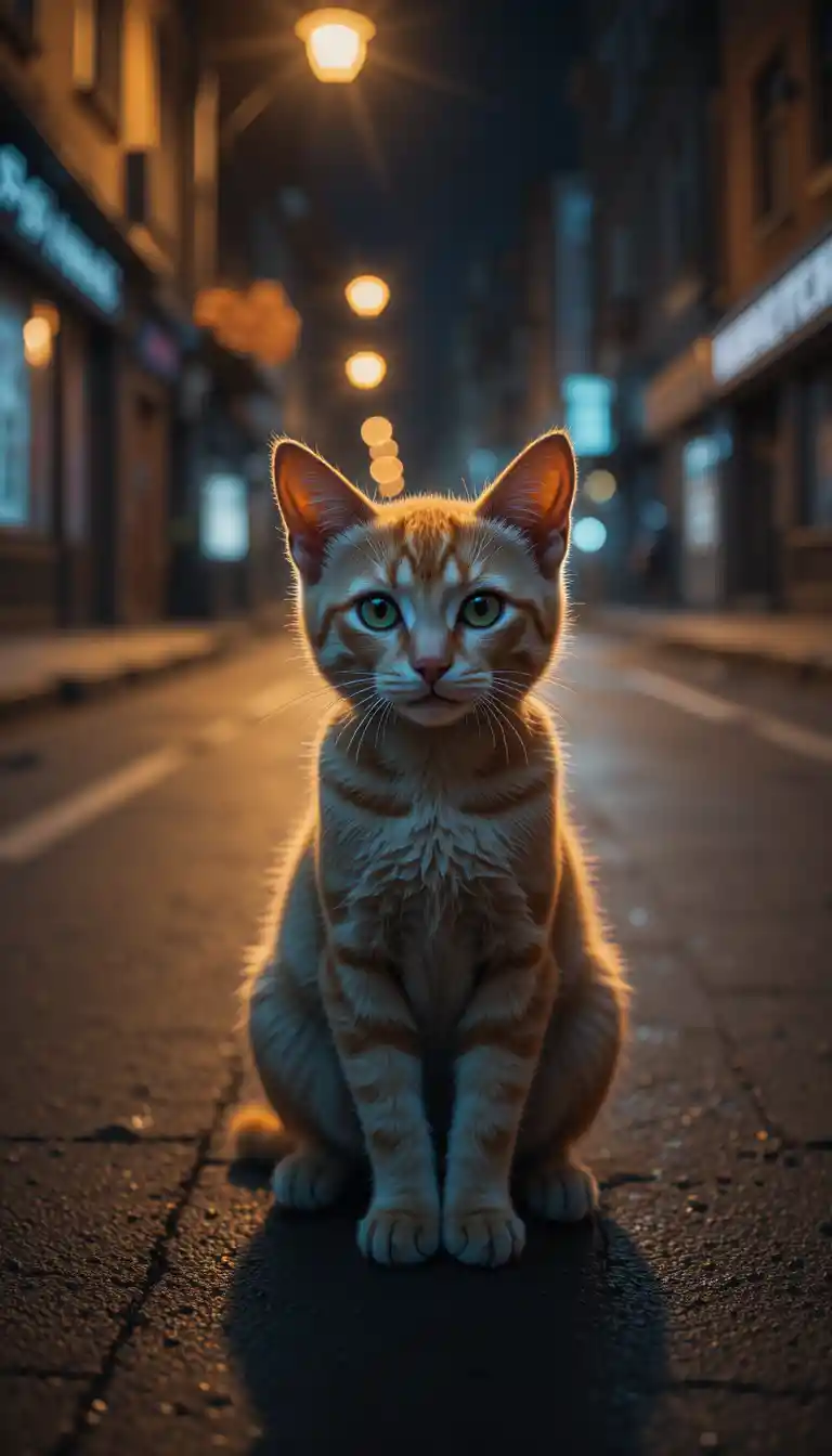 Gatto randagio solitario in una strada cittadina debolmente illuminata di notte