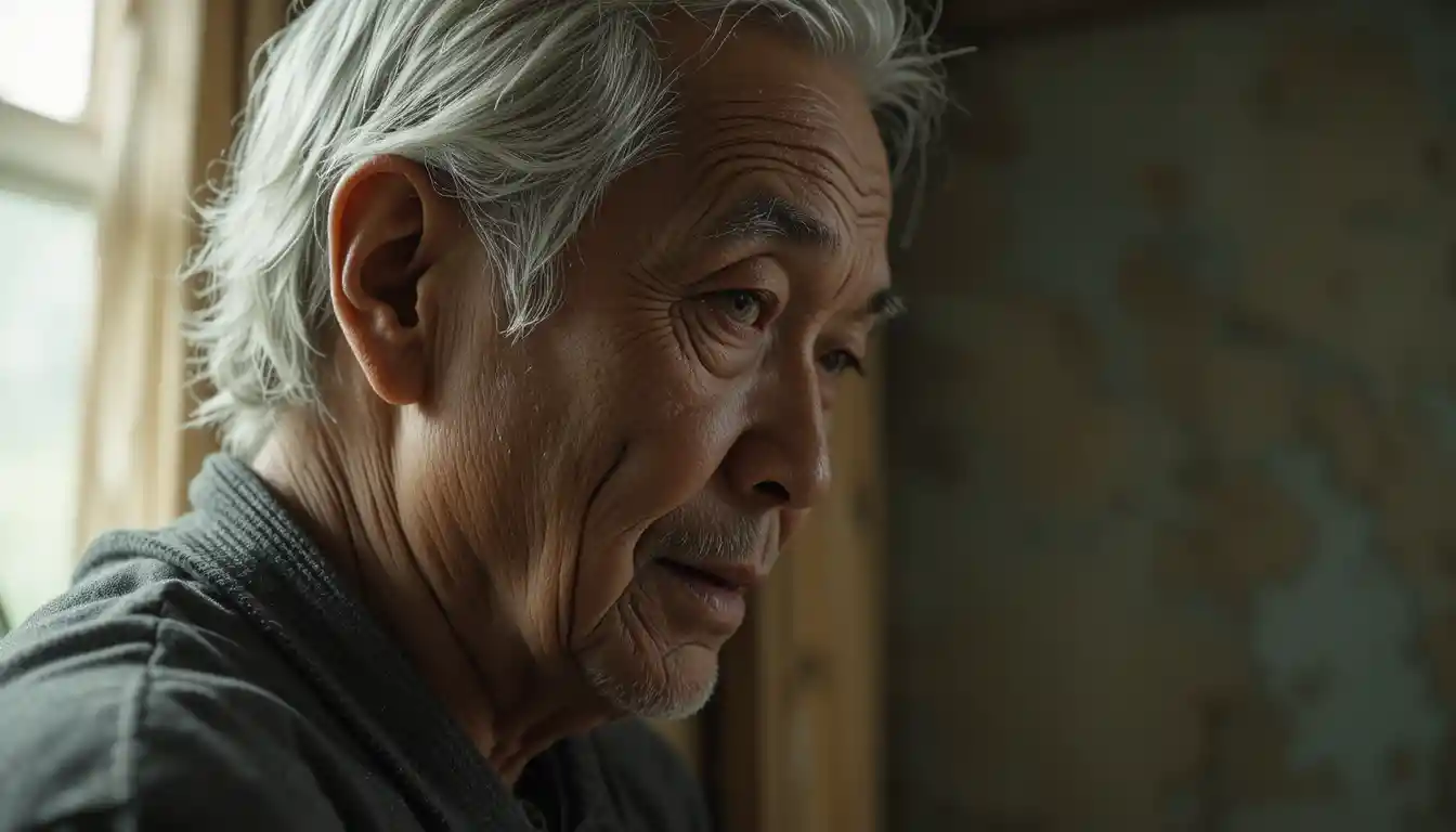 Elderly man in quiet half portrait with soft window light