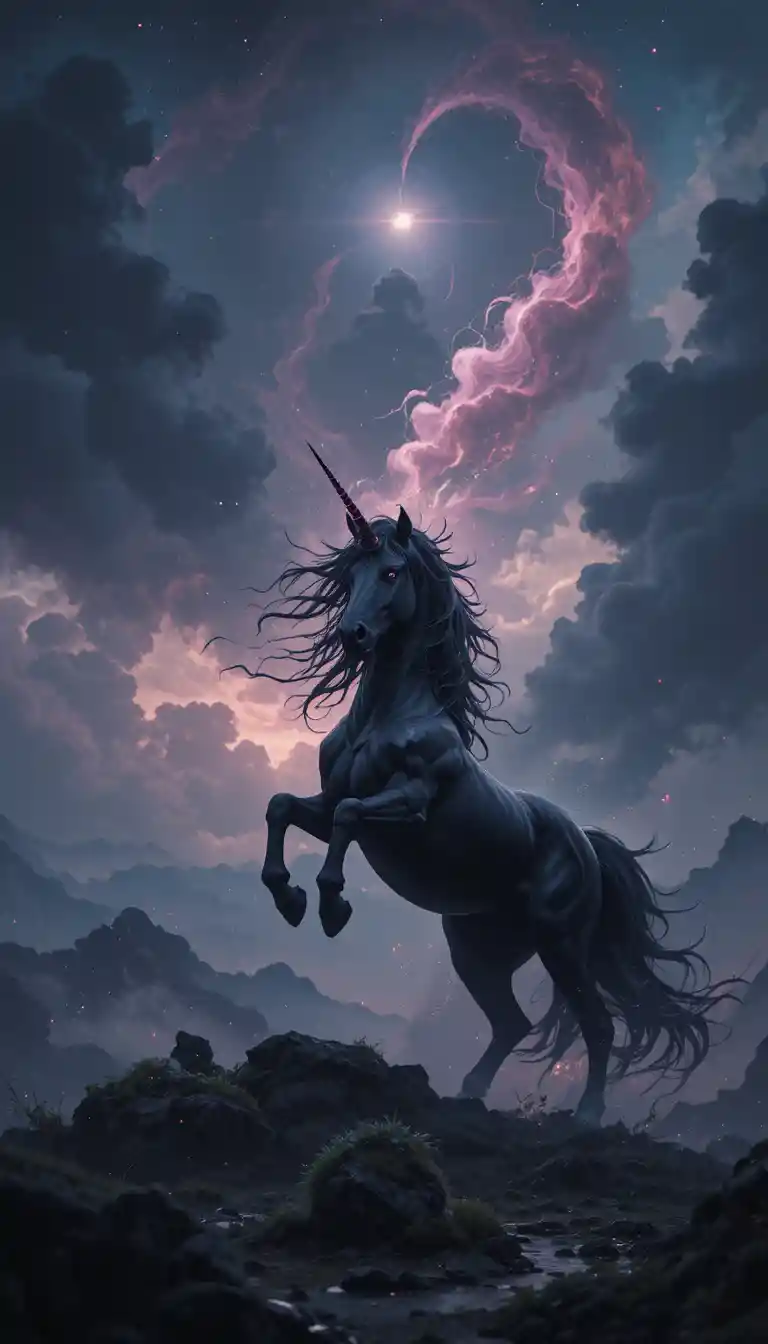 Black unicorn rearing under a dark midnight fantasy sky