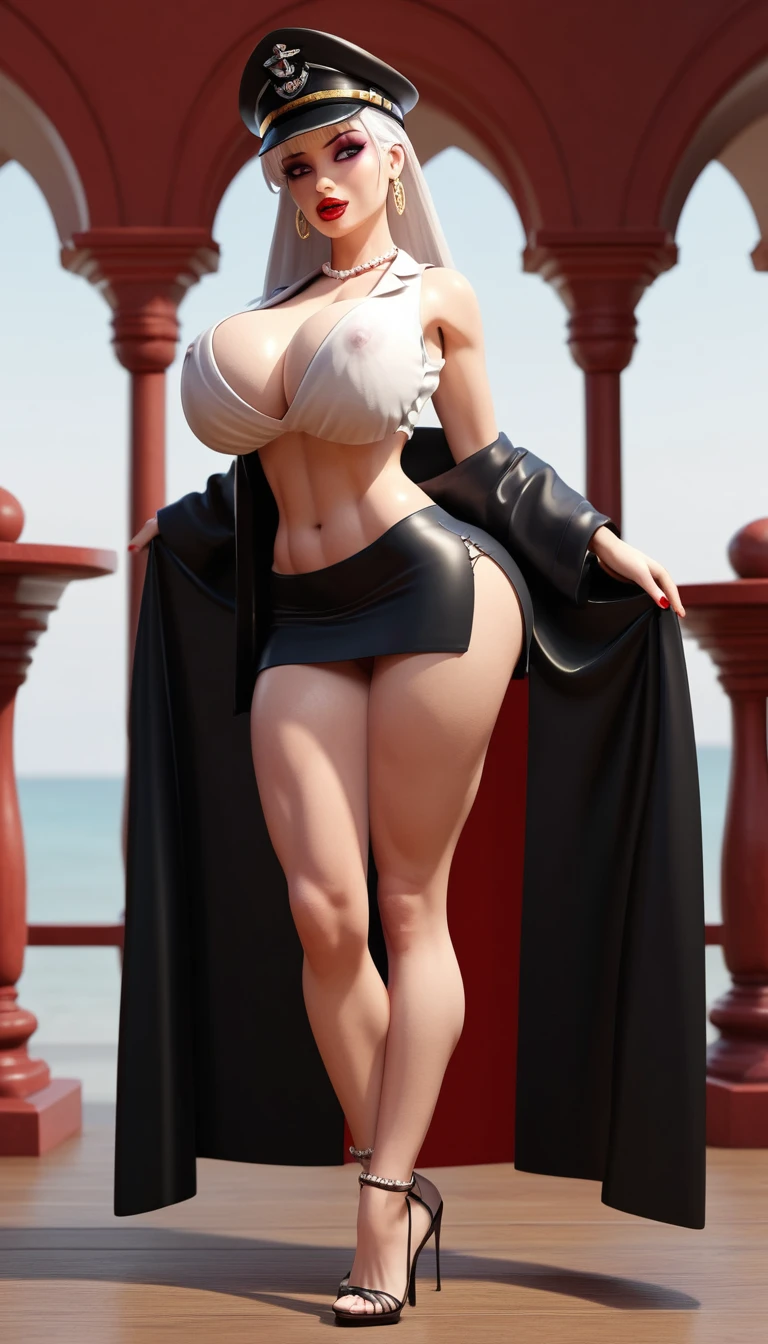 Sensuale donna anime che balla su un molo di porto militare