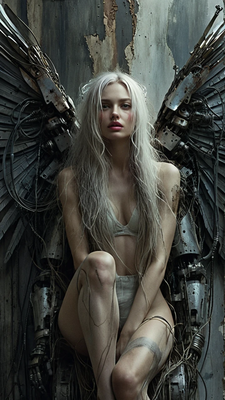 Cinematic sci fi angel woman in worn mechanical armor
