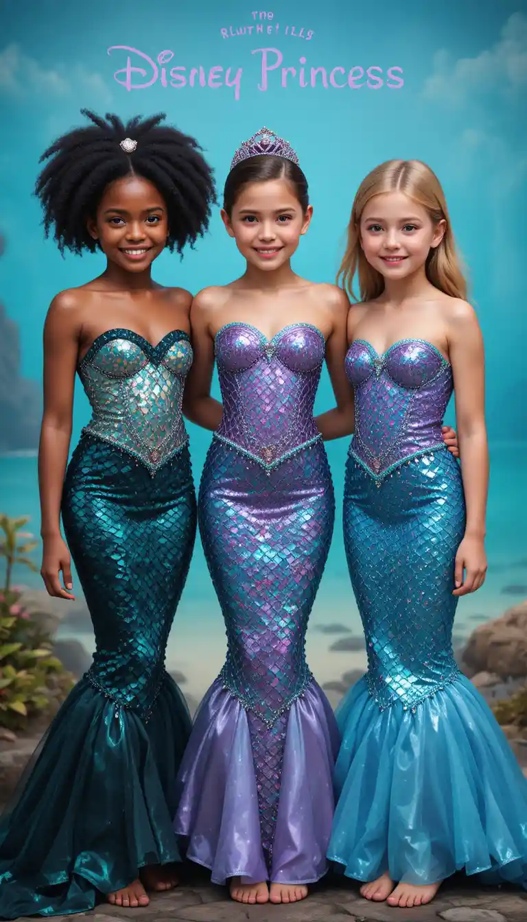 Tres jóvenes sirenas en una brillante escena submarina
