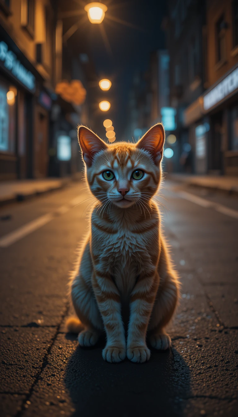 Gato callejero solitario en una calle de ciudad tenuemente iluminada de noche