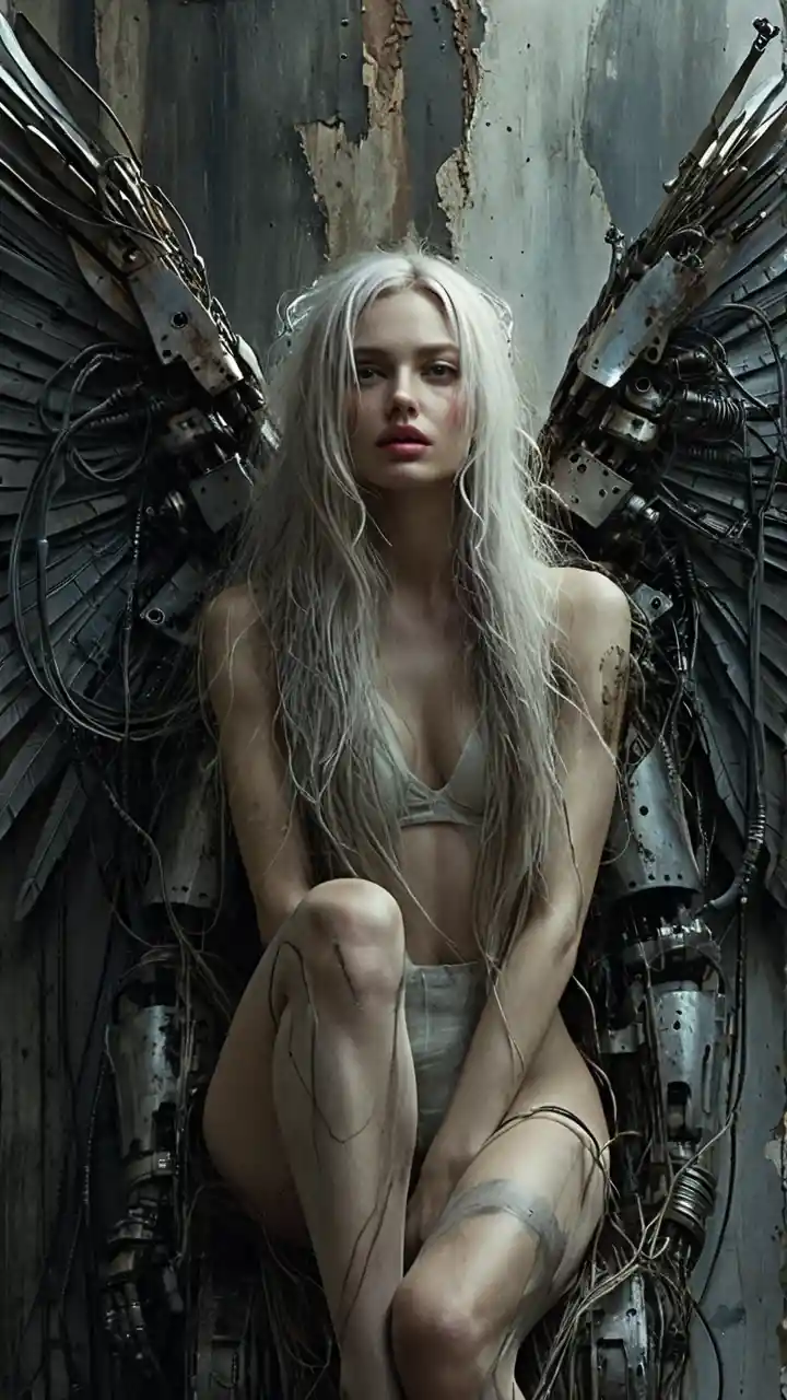 Cinematic sci fi angel woman in worn mechanical armor