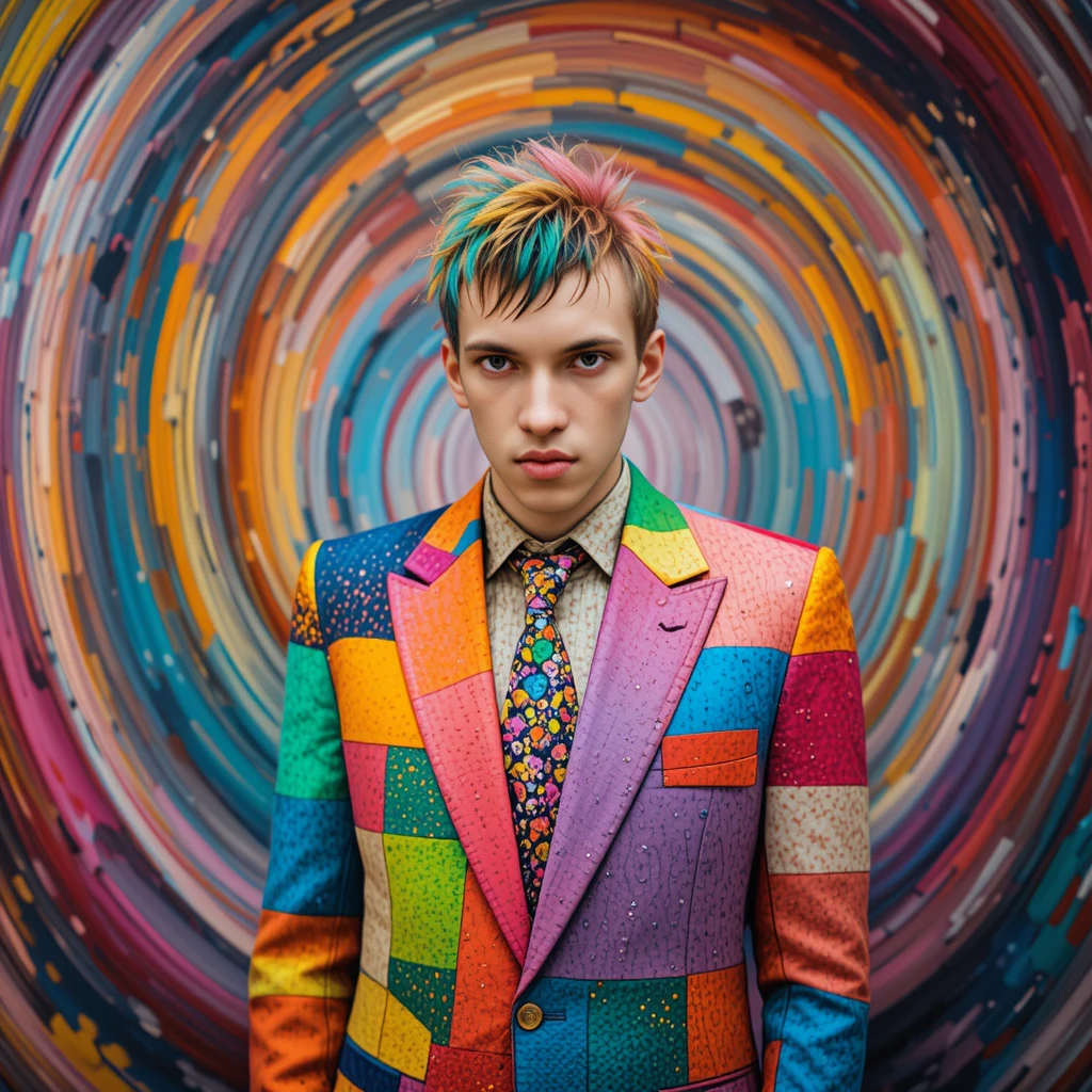Colorful man with rainbow hair in psychedelic suit portrait