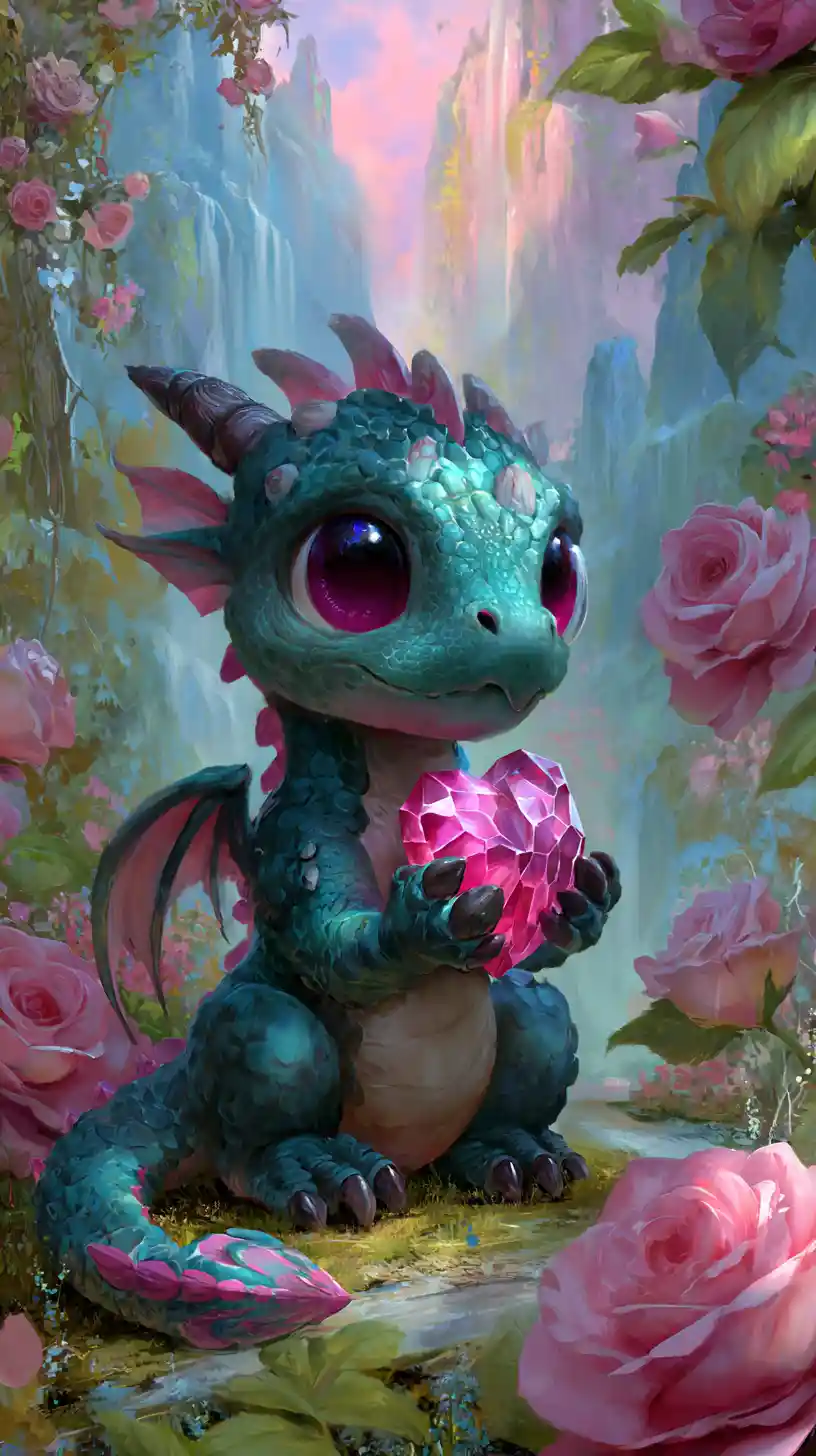 Cute baby dragon with crystal heart in magical valley