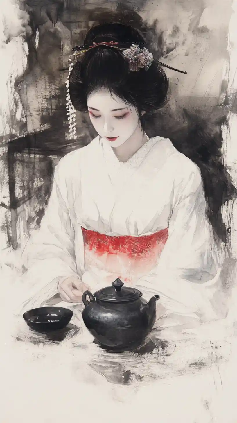 Geisha In White Kimono Pouring Tea In Zen Monochrome Scene