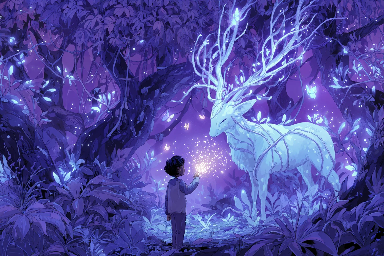 Bambino che entra in una foresta incantata luminosa di luce vivente