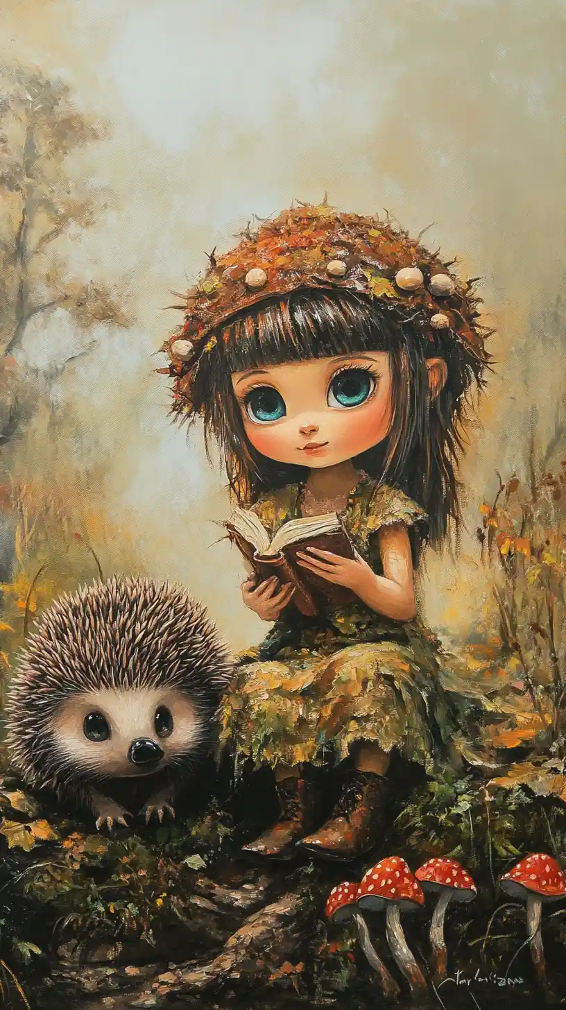 Forest princess kneels to hear a wise hedgehog