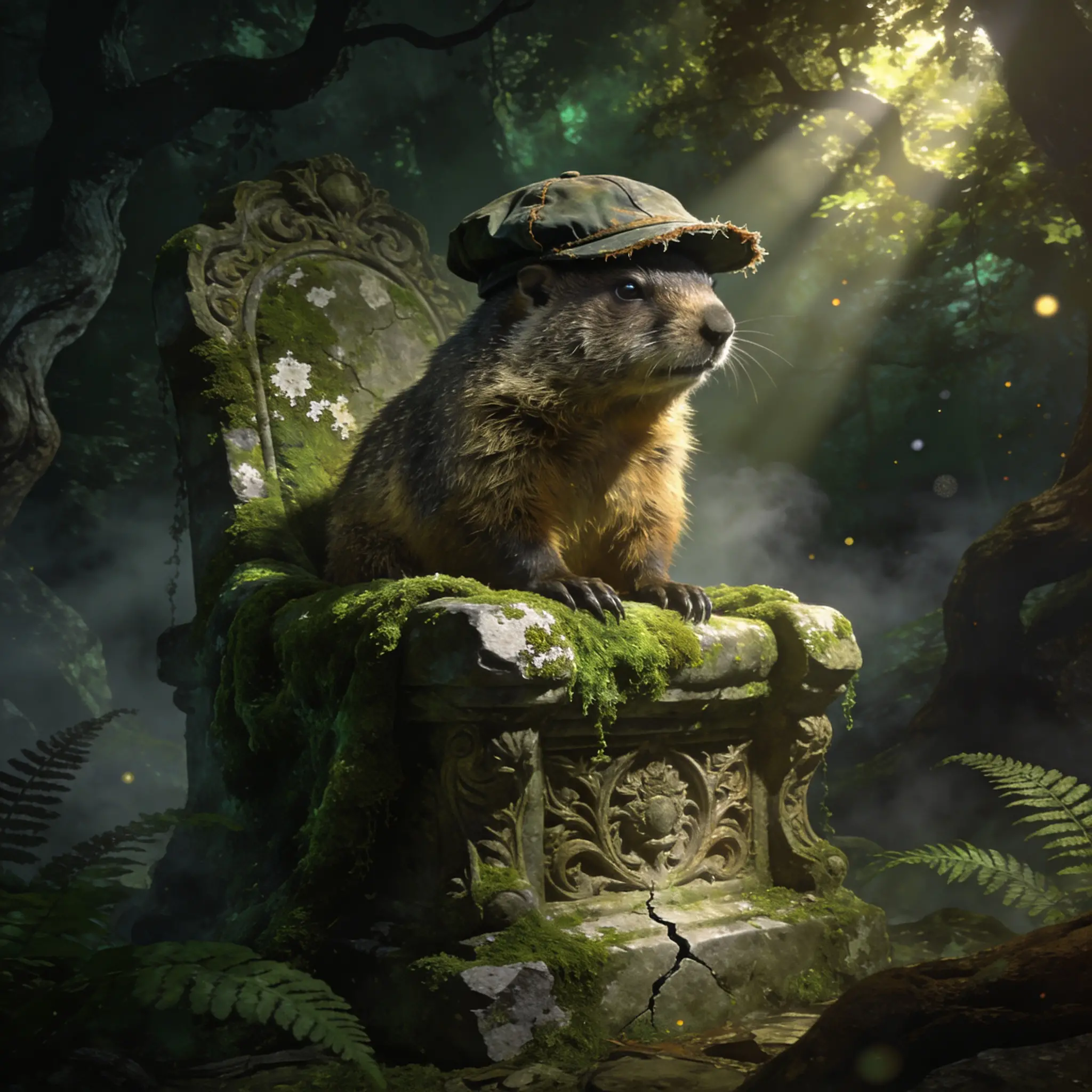 Regal groundhog on a mossy stone throne in misty forest