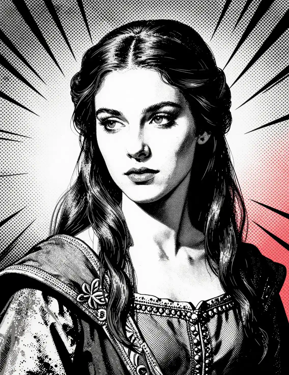Retrato de doncella medieval en estilo cómic pop art de semitono