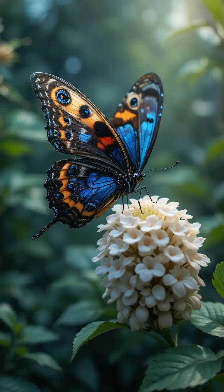 Peacock butterfly on white hebe against soft green bokeh
