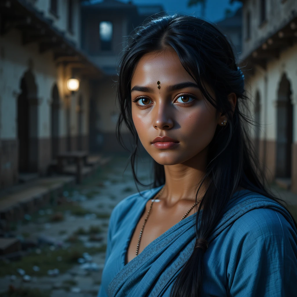 Retrato de joven chica india de pueblo en un patio a la luz de la luna