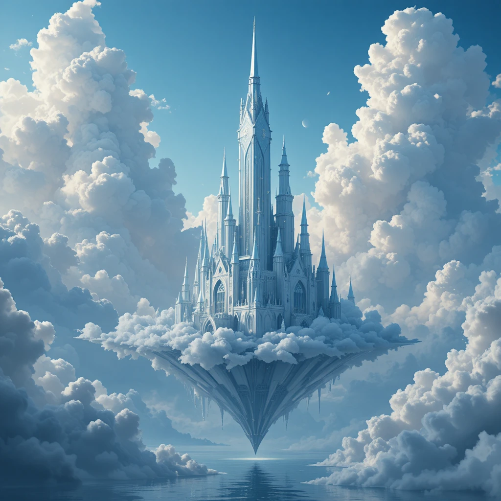 Floating crystal city above a tranquil ethereal sea