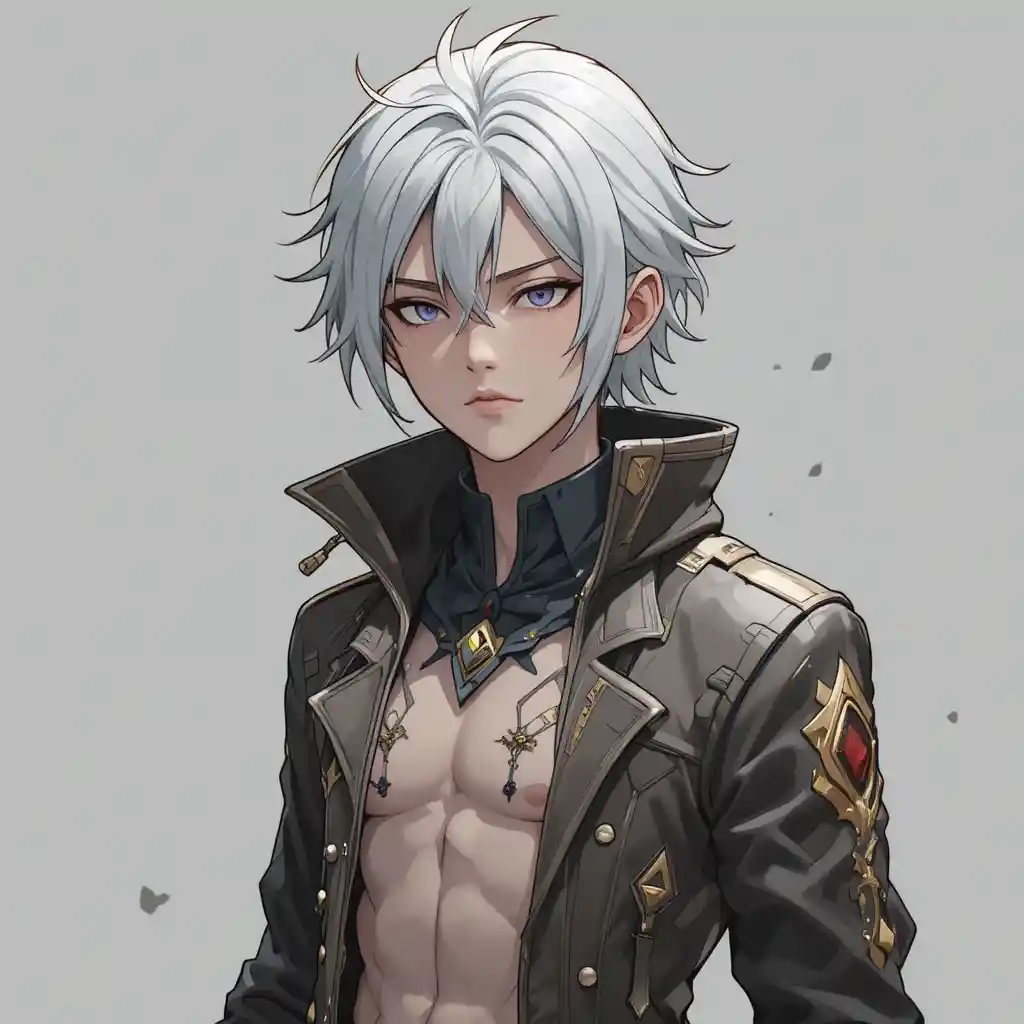 Anime warrior man with white hair holding twin daggers