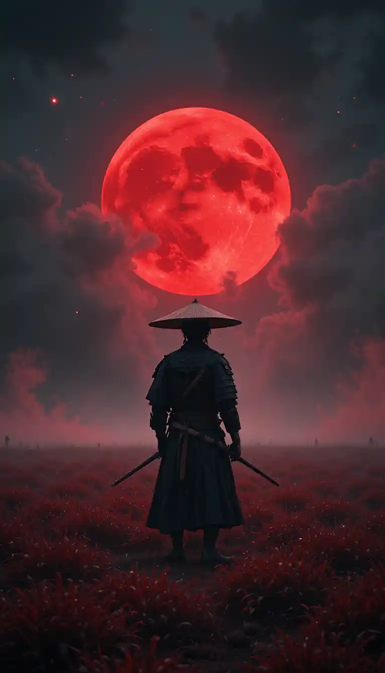 Samurái esquelético solitario bajo una gigantesca luna roja de sangre