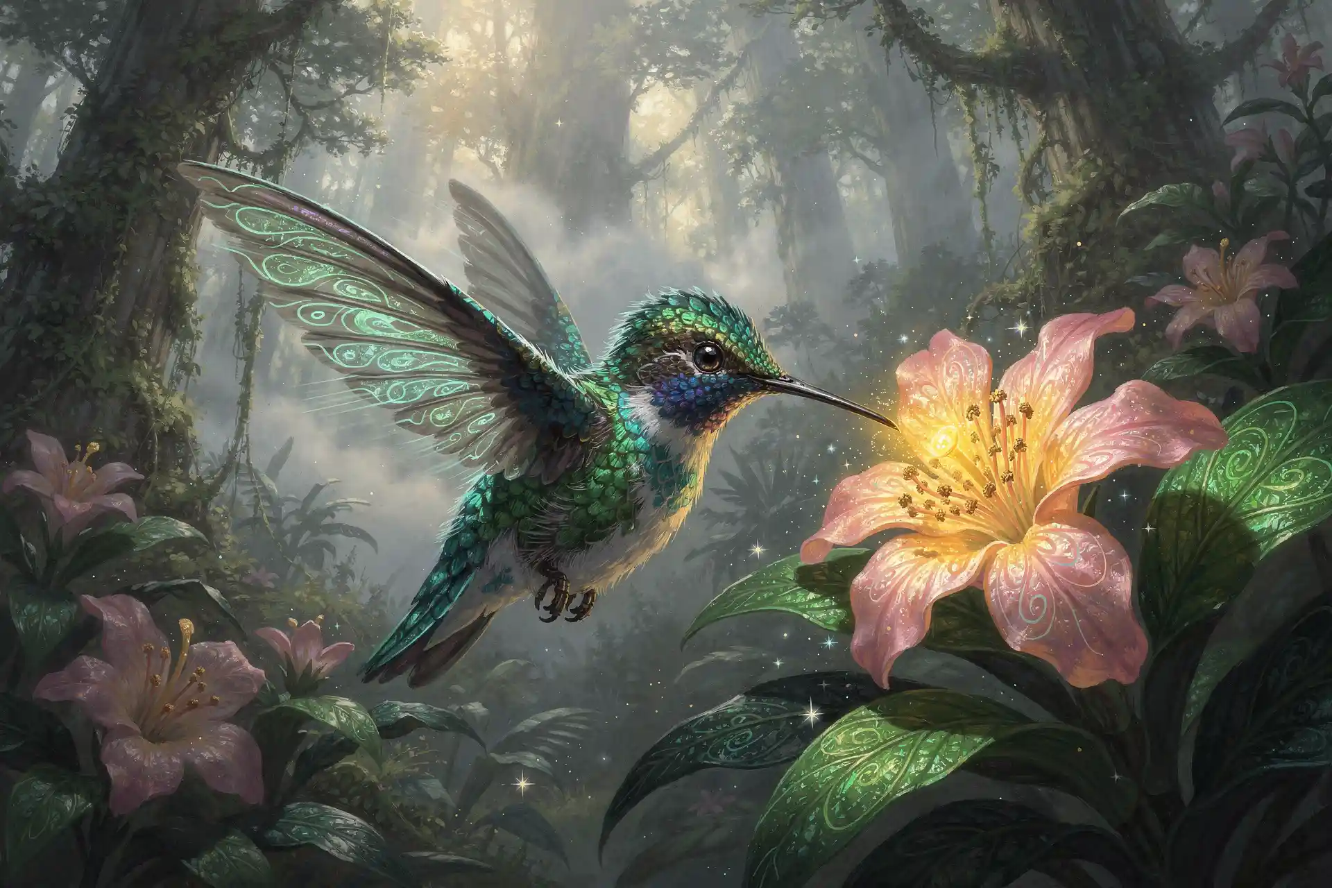 Bebé colibrí suspendido junto a flores en un bosque nublado