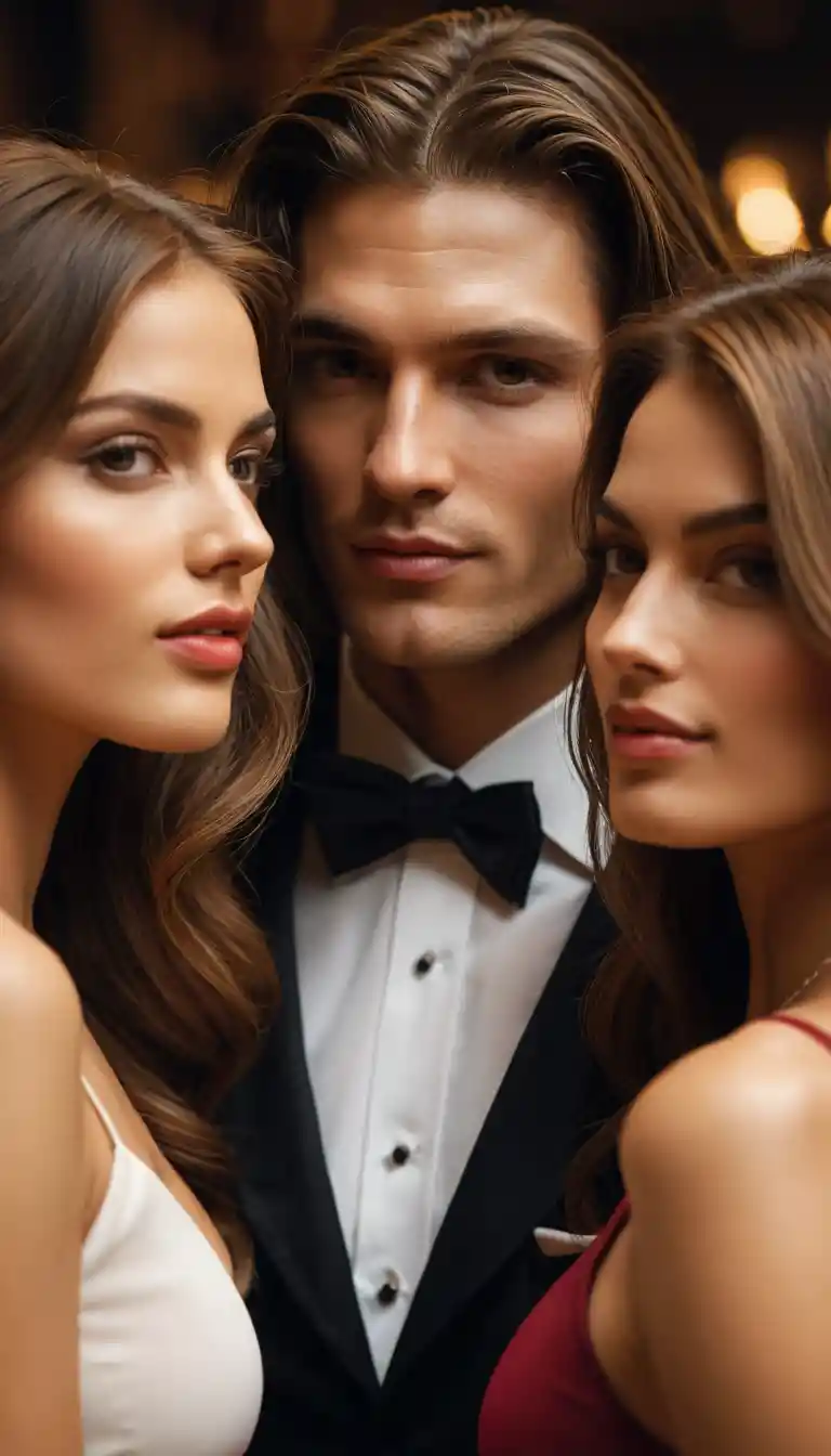 Seductive club portrait of billionaire with two models