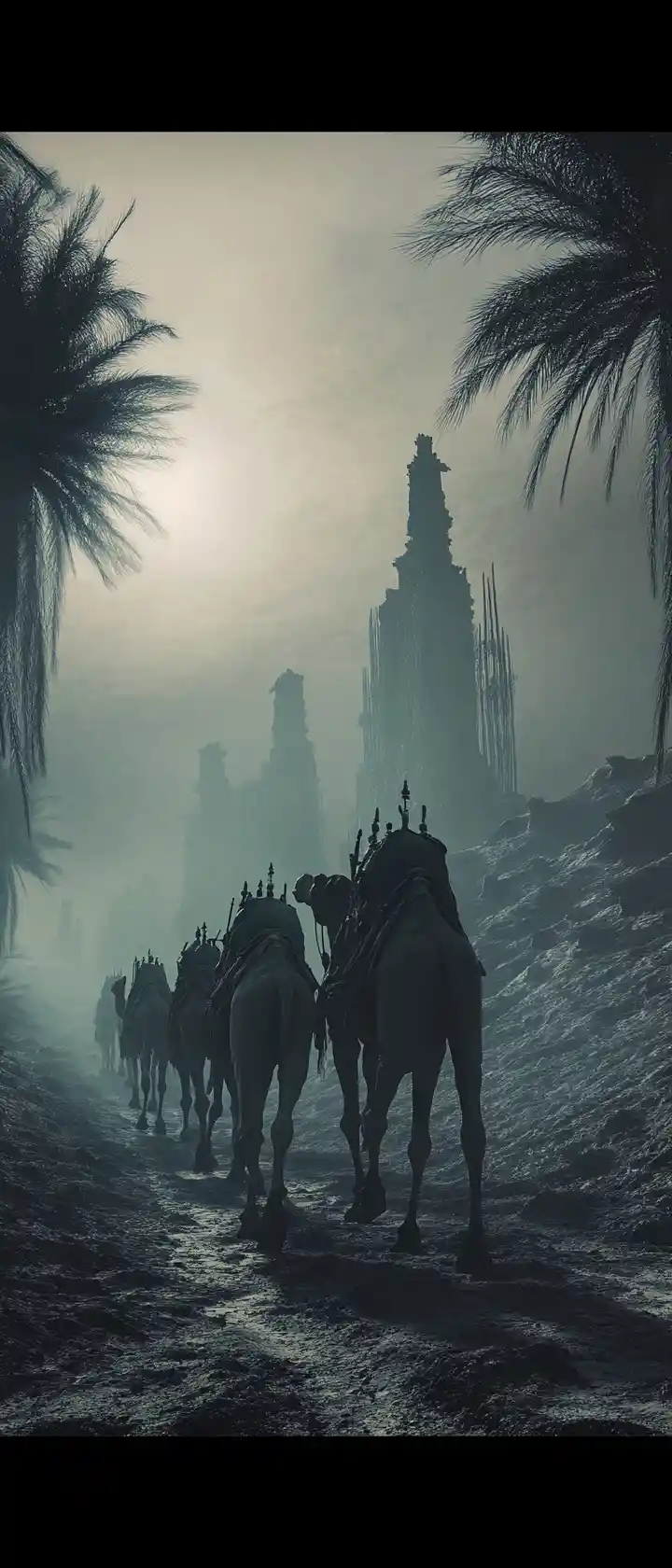 Camel caravan crossing a cursed desert at dusk