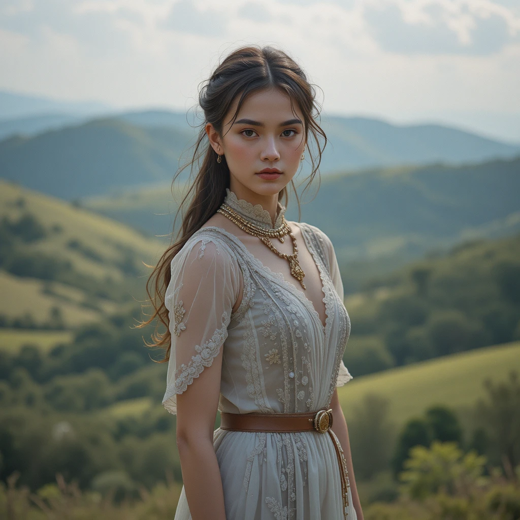 Serene woman standing before gentle rolling hills