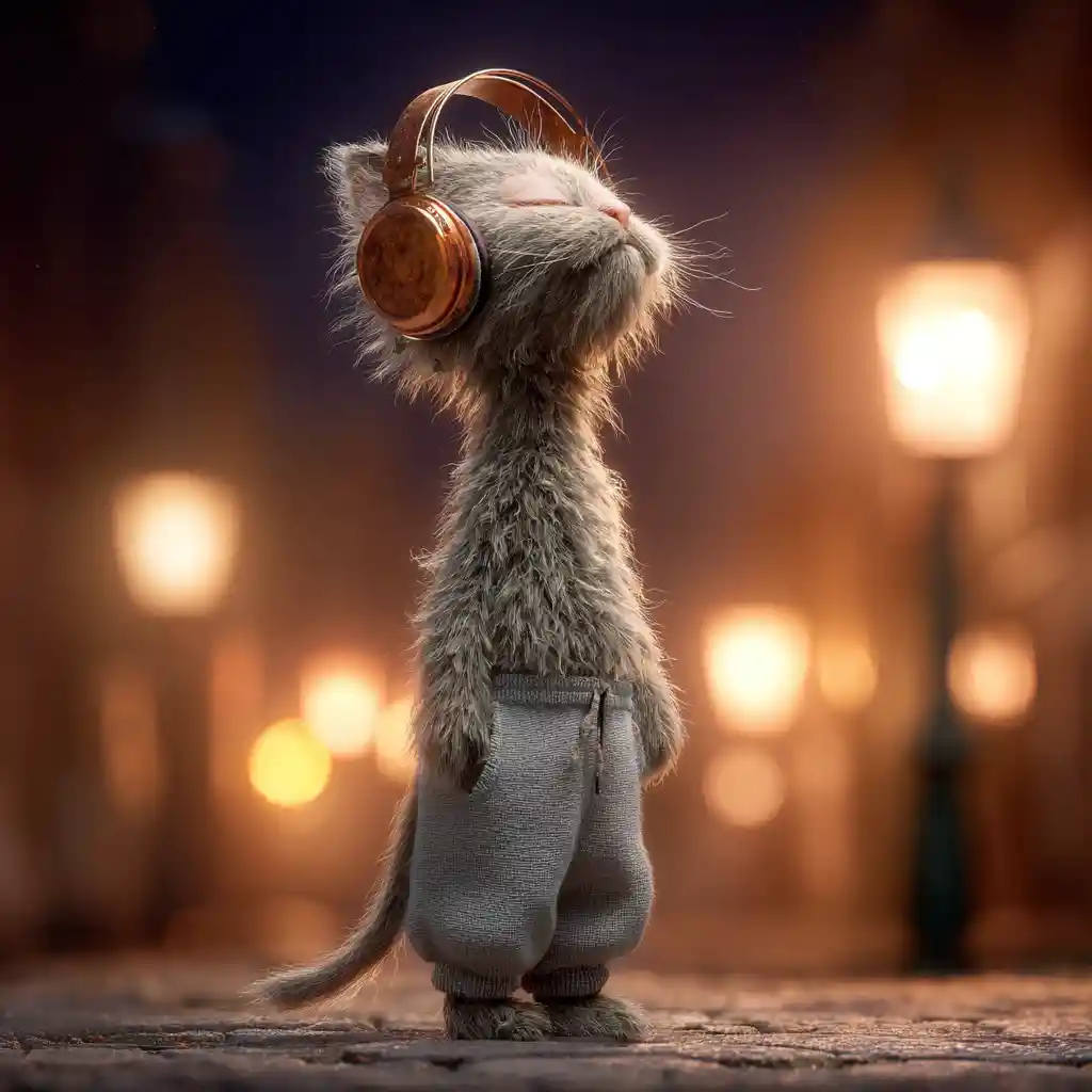Chaton fantasque avec casque audio dans une rue de nuit