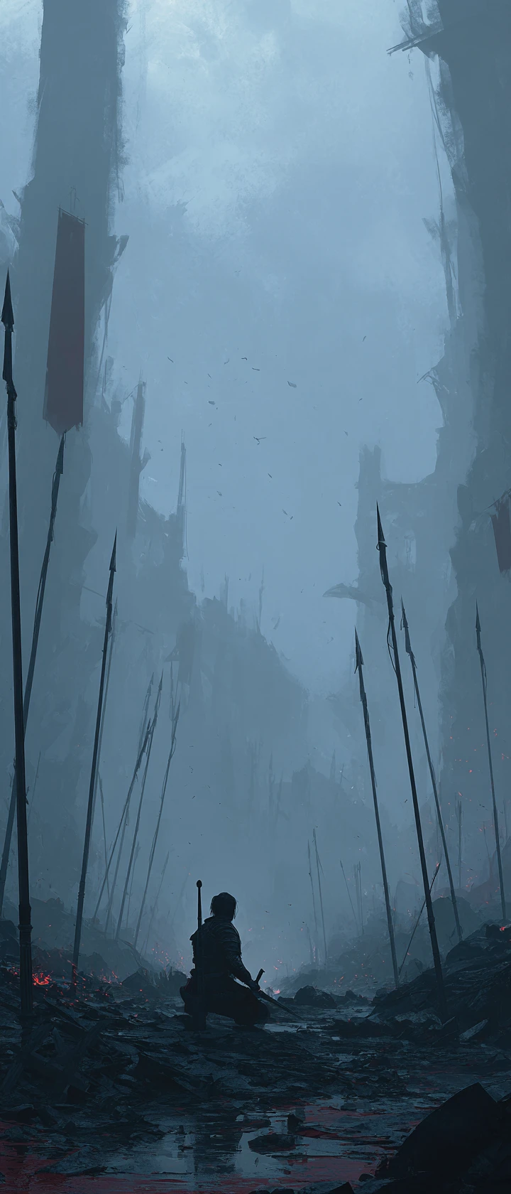 Weary warrior kneels alone in fog shrouded battlefield