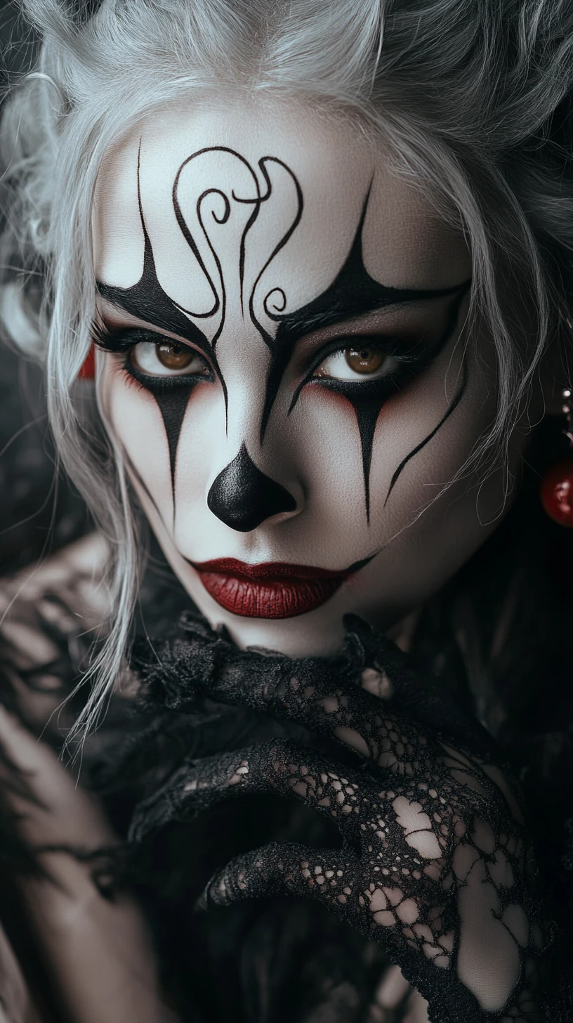 Dark clown inspired portrait of a pale woman with red lips