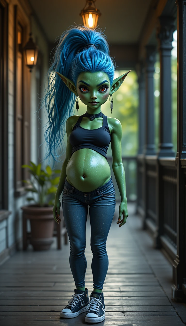 Mujer goblin embarazada y juguetona en un porche de noche