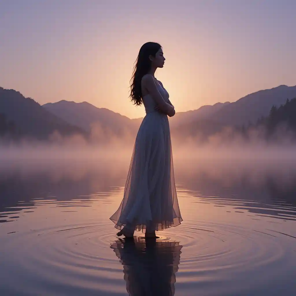 Donna all’alba presso un lago di montagna nebbioso e tranquillo