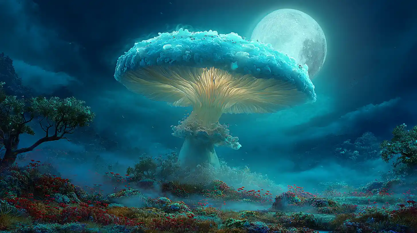 Glowing Giant Mushroom In A Moonlit Misty Forest
