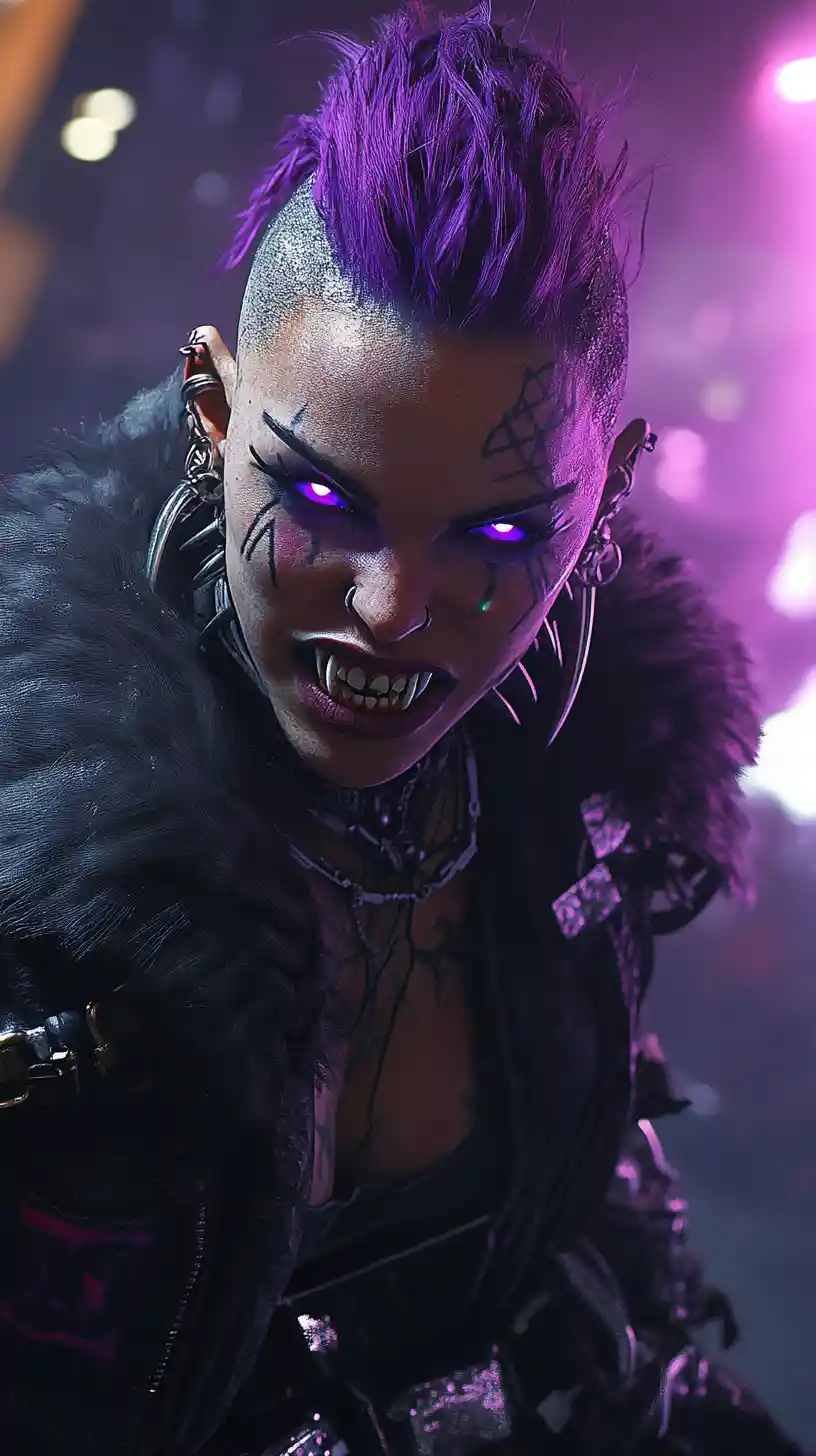 Fierce purple haired warrior woman with glowing eyes