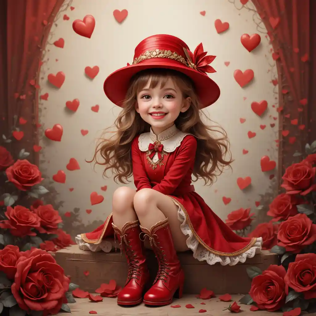 Joyful girl in red outfit with hearts and roses