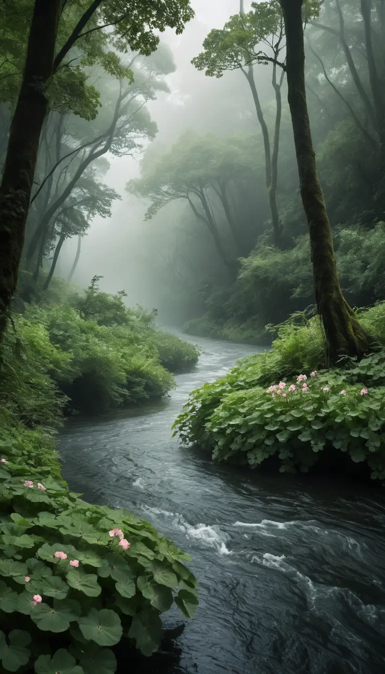 Dark forest river winding beneath lush green tree canopy