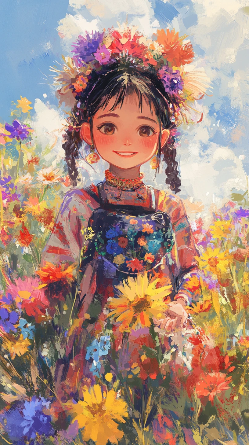Woman in traditional doll outfit with flowers and sun
