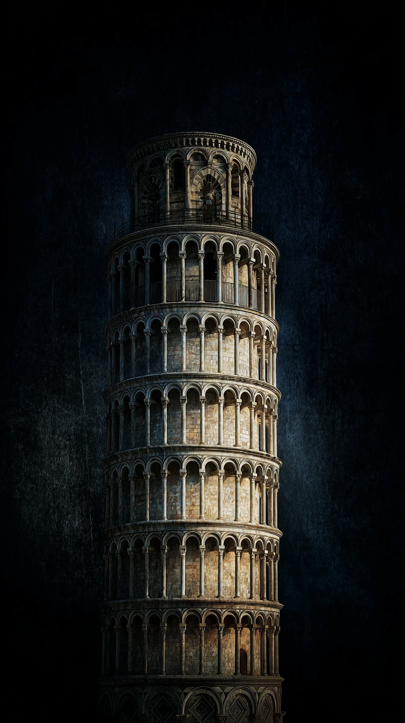 Leaning stone tower centered on a deep black background