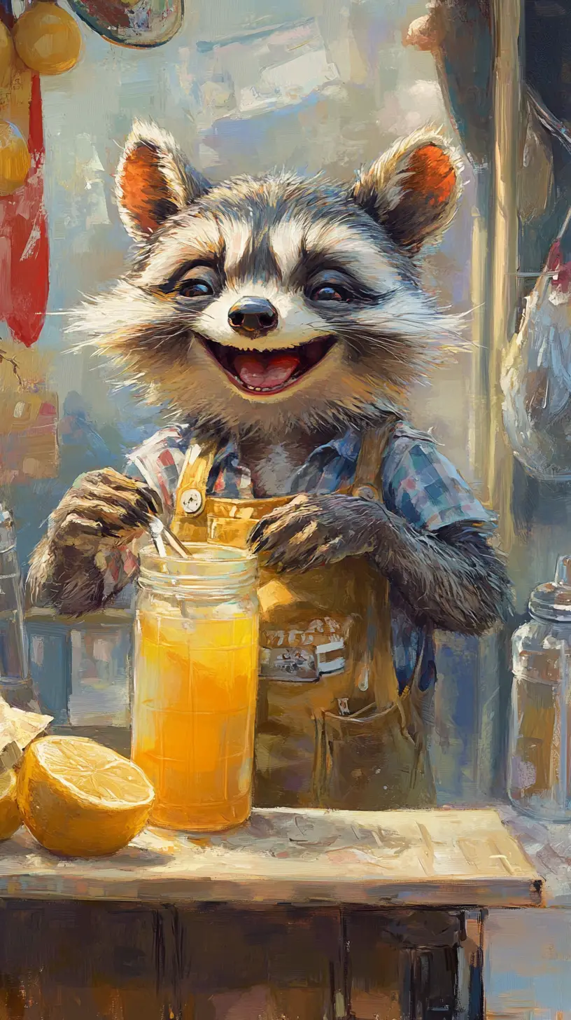 Happy raccoon smiling at a lemonade stand in New York